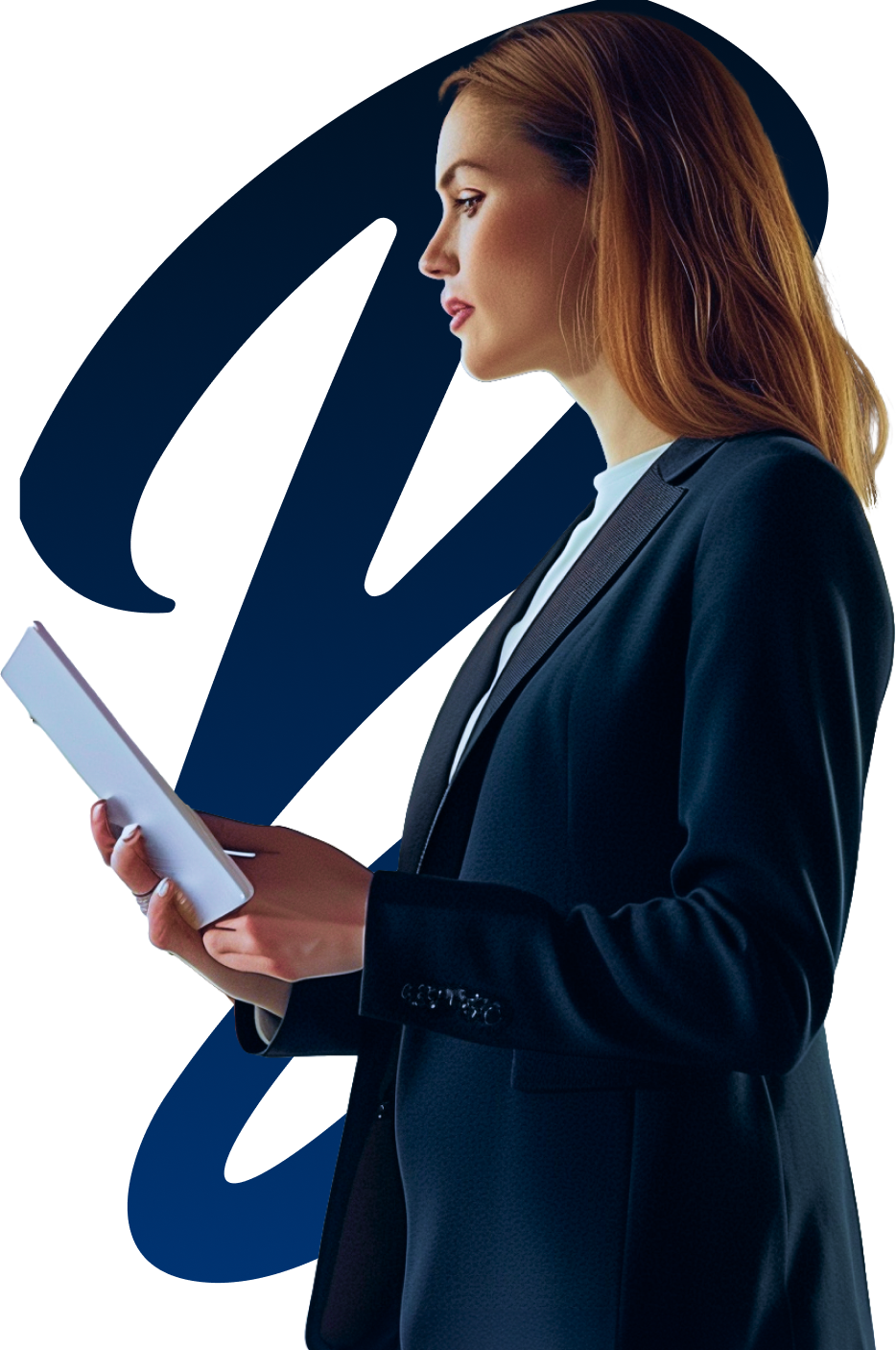 Imagem de uma mulher com um bloco na mão simulando anotar pesquisas